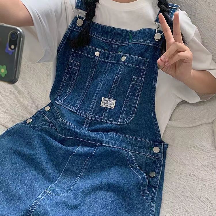 Overall denim biru musim panas wanita 2022 baru Jepang retro longgar celana lebar kaki kecil celana