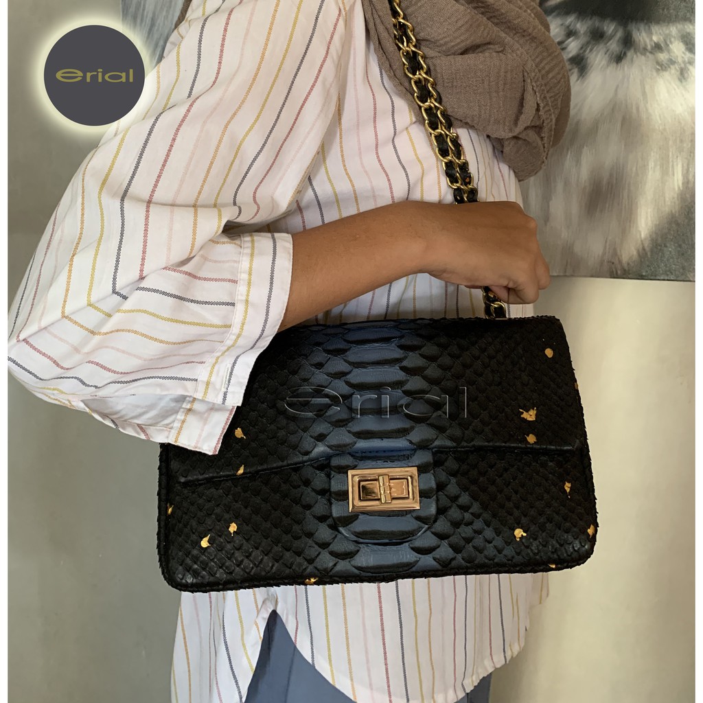 Tas Kulit Ular Asli - Tas Wanita - Chanel - Biru - Hitam