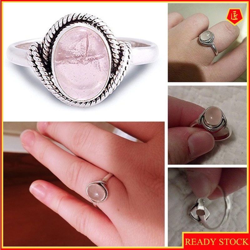 [Ready Stock]Inlaid Ross Quartz Pink Crystal Ring Women's Retro Silver