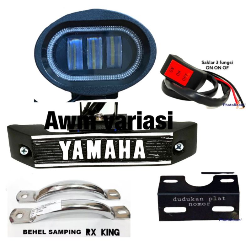 paket super ganteng yamaha rx king new dan tua kumis lampu owl 3 lensa ring biru/merah komplit sama breket nya