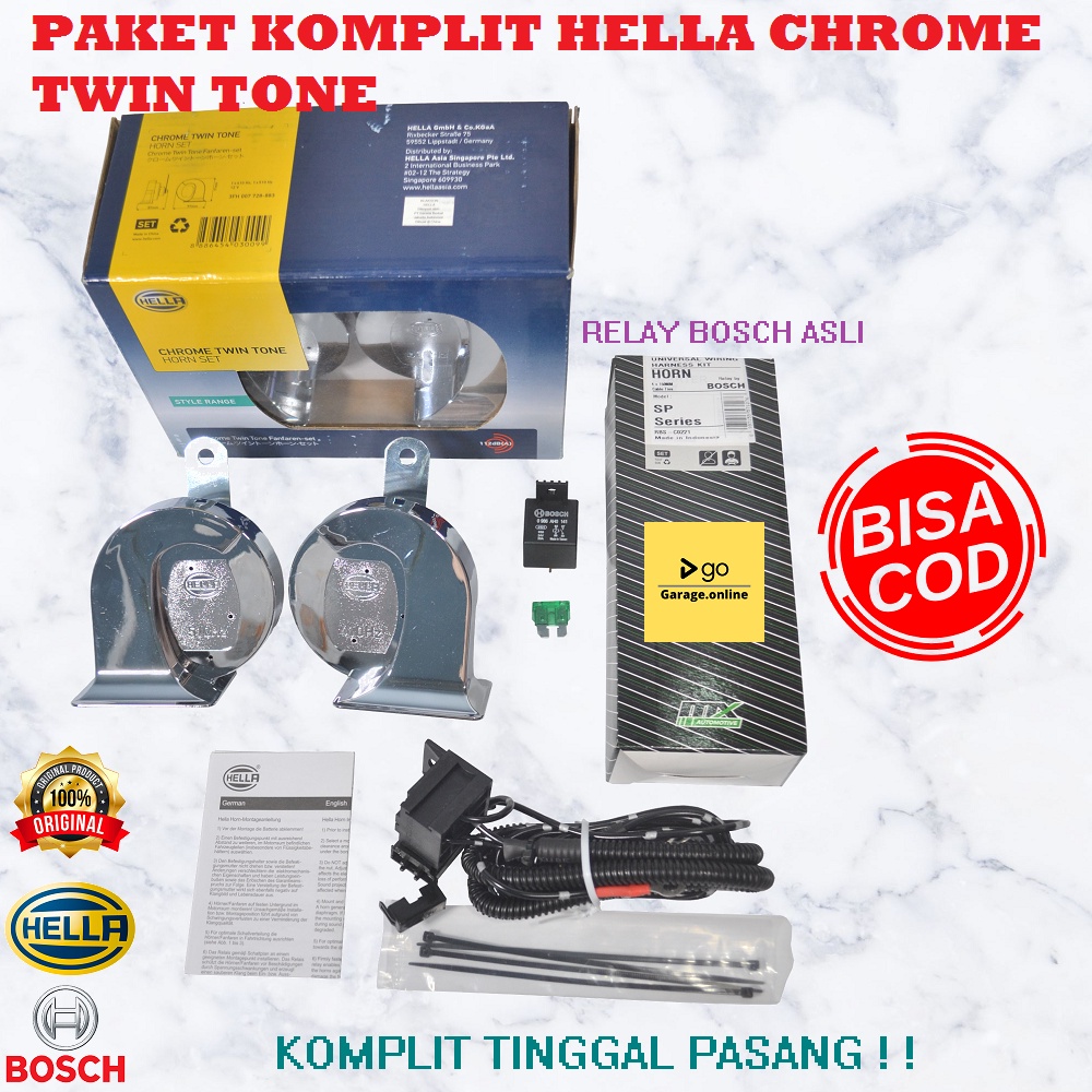 PAKET KOMPLIT Klakson Keong HELLA CHROME TWIN TONE Original + KABEL RELAY SET BOSCH TERMURAH