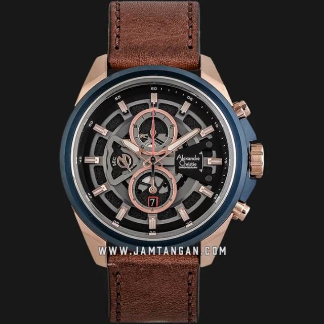 Alexandre Christie AC 6504 MC LURBA Chronograph Men Skeleton Dial Brown Leather Strap