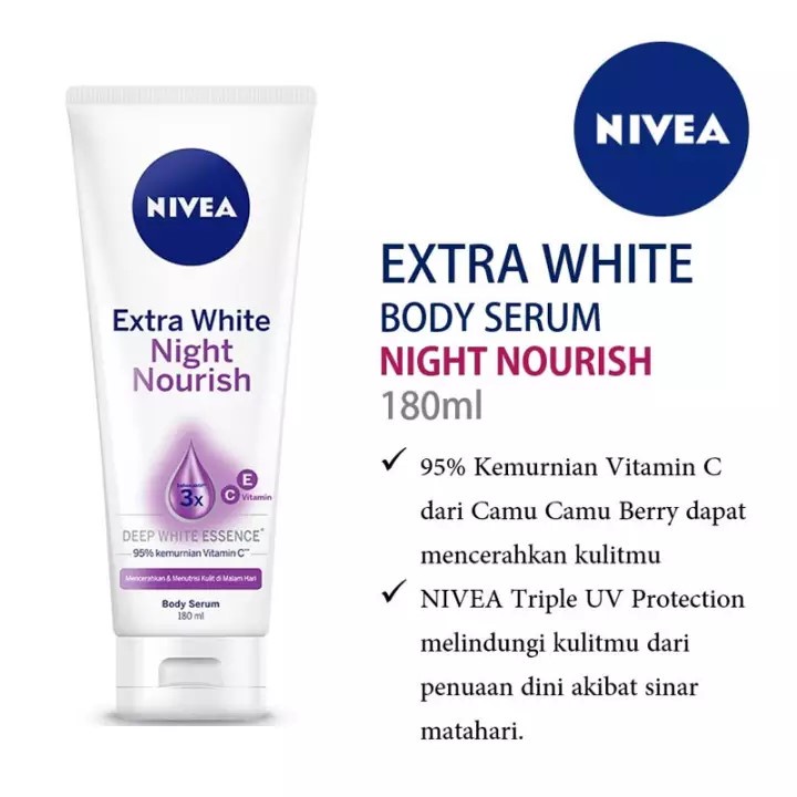 NIVEA Extra White NIGHT NOURISH Body Serum 180ml / Body Lotion 200ml - Mencerahkan kulit di Malam Hari (Kemasan Besar Kecil Sedang) - Handbody Hanbody Hand Body Handbodi Hanbodi Radian Smoth Ungu Care