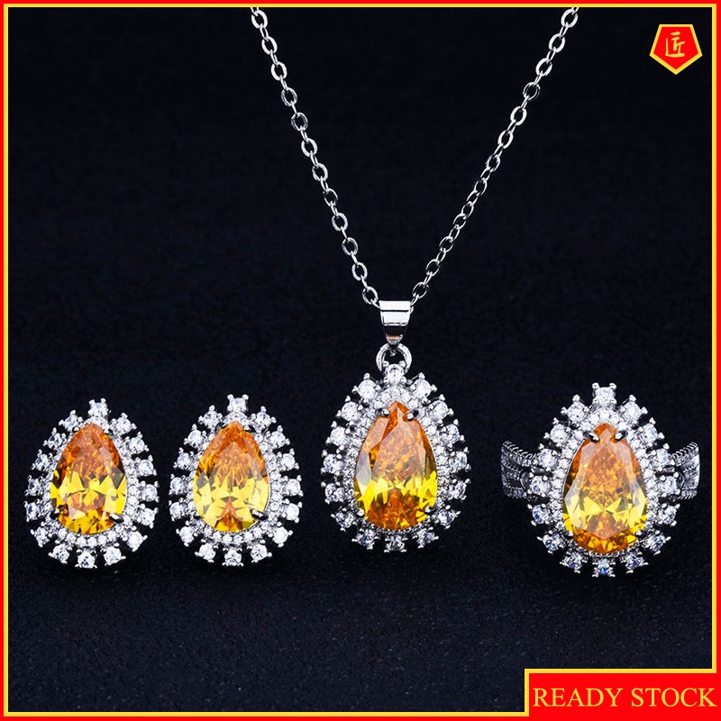 [Ready Stock]New Luxury Colored Gems Set Female Stud Earrings Necklace