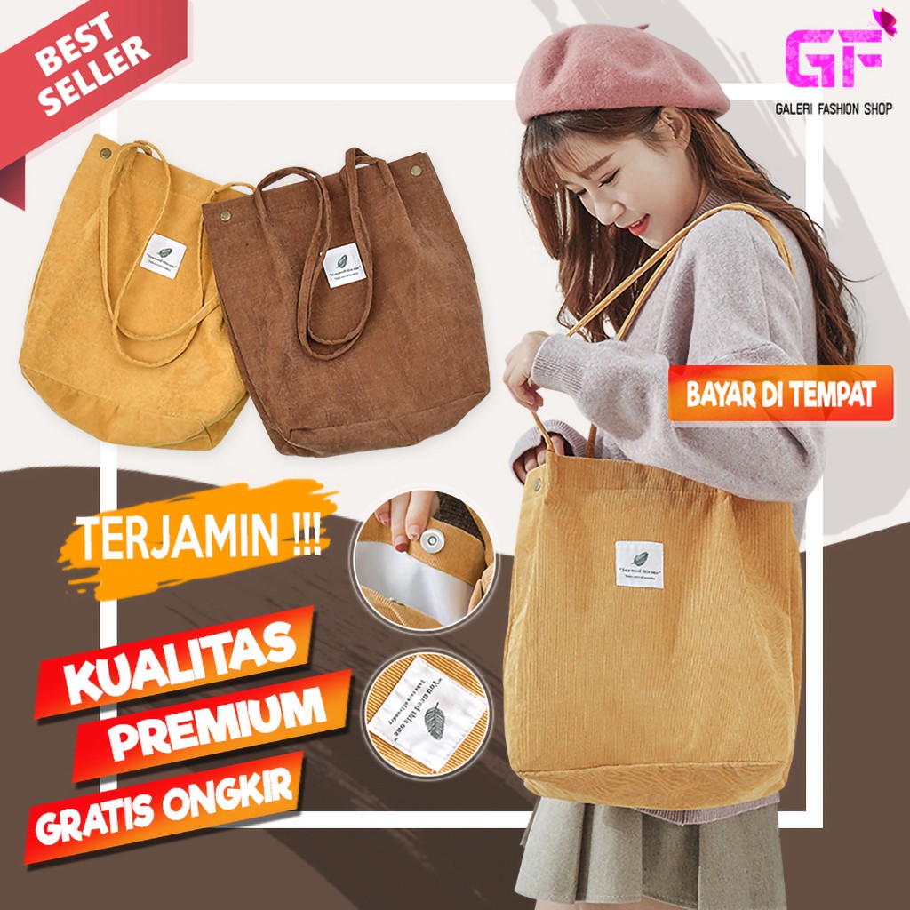 TAS TOTE BAG TOTEBAG SELEMPANG JINJING BAHU WANITA CEWEK KPOP IMPORT KOREA FASHION CORDUROY GF347