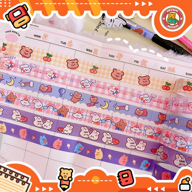 

] Washi Tape Motif Kotak Kotak Solatip Karakter Lucu Journal Decor DT001