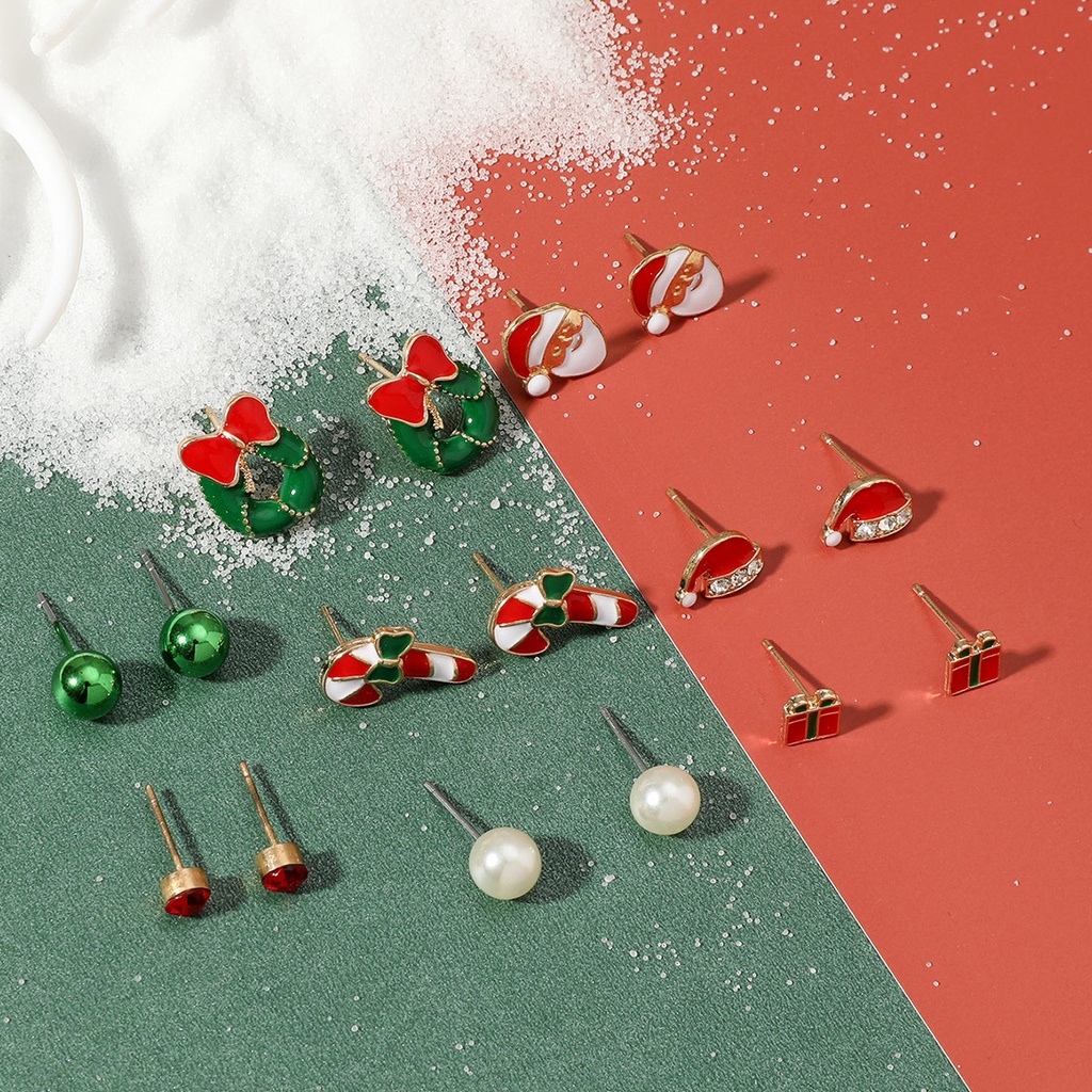 8 Pasang / Set Anting Stud Desain Pohon Natal Rusa Snowman