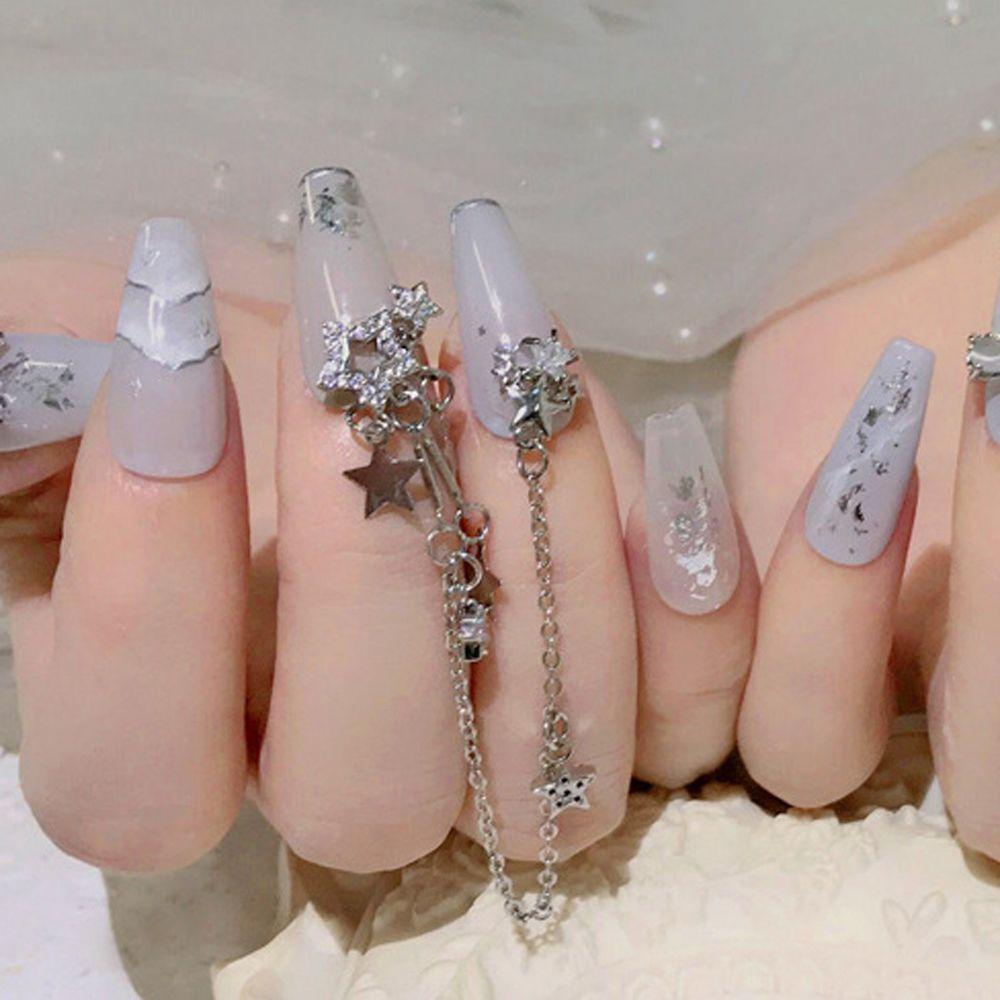 AUGUSTINA Agustinina Bintang Rantai Nail Art Fashion Net Merah Perak Hiasan Kuku Manikur Aksesoris Nail Art Rhinestones