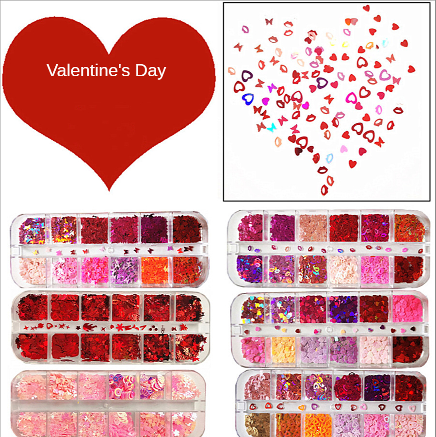 Tahan Air Transfer Air Nail Art Aksesoris 3D Kotak DIY Hari Valentine Merah Retro Hati Cinta Payet Bibir Kupu-Kupu Stiker Kuku