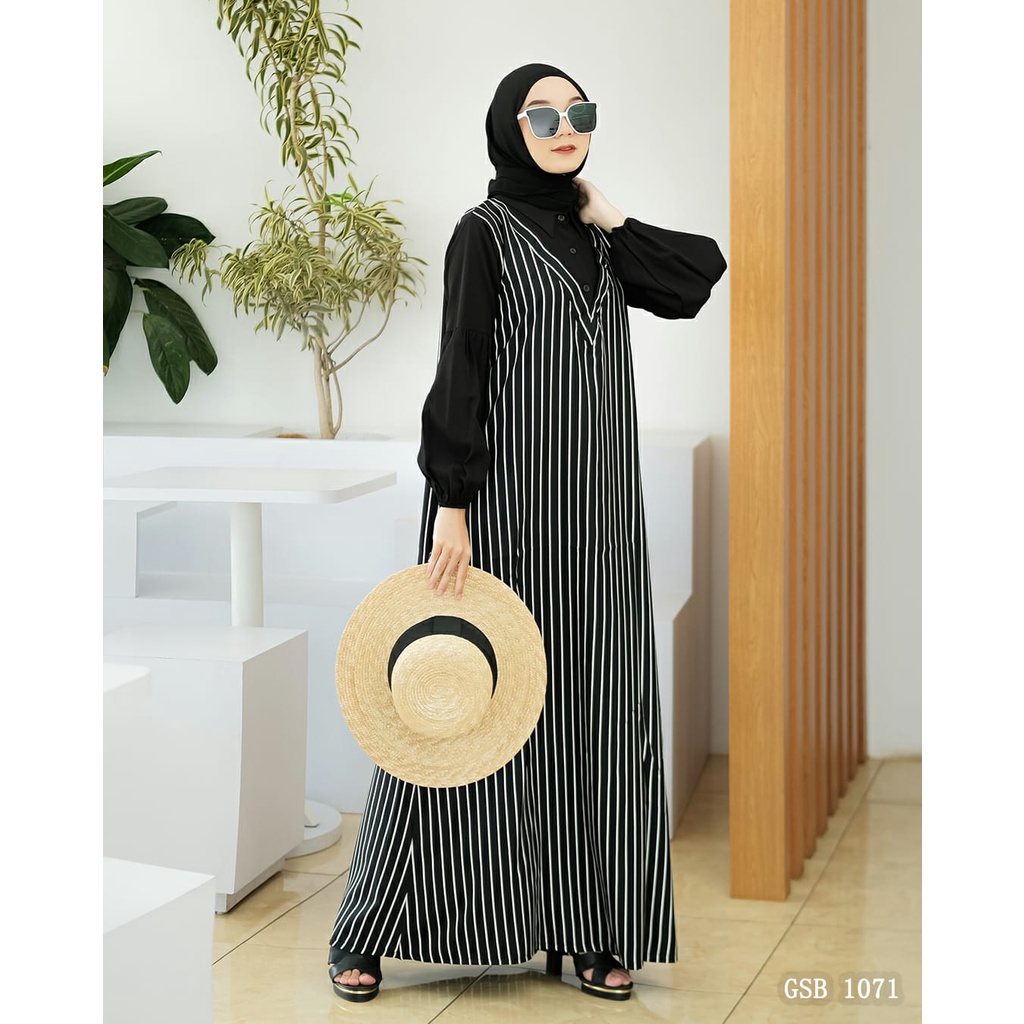 Gamis arimbi syakila motif tribal salur adem new model dress wanita terbaru