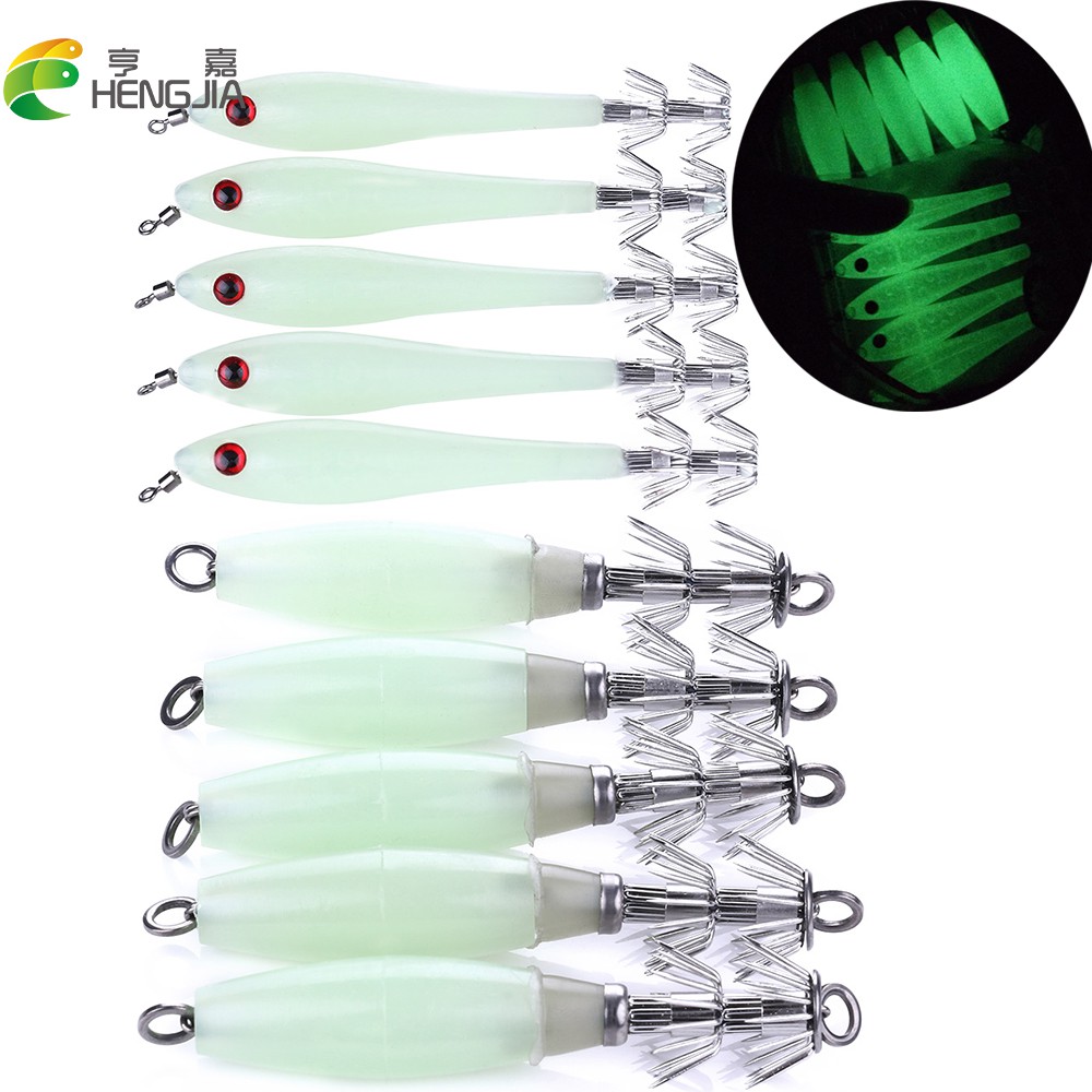 HENGJIA 5PCS 9.5CM/10CM Luminous Squid Cuttlefish Catch Saltwater Jig Head Fishing Sotong Sleeve Lures Hooks Baits