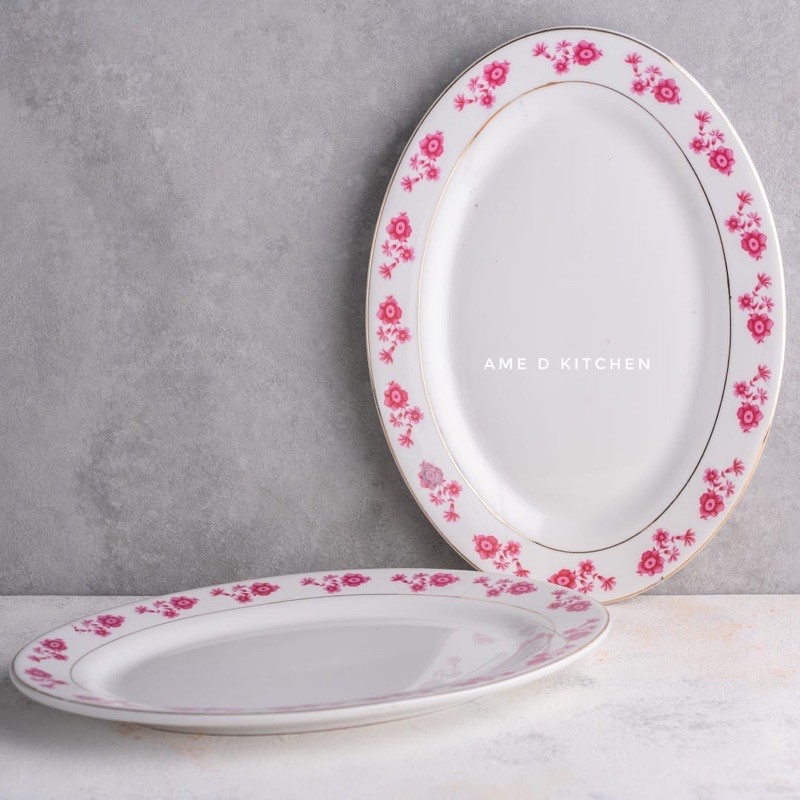 SALE Piring oval keramik tebal medium bunga pink lis emas