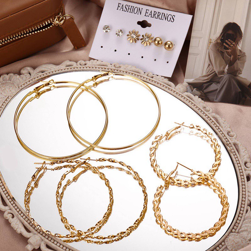 6 Pairs/Set Earring Set European Simple Punk Crystal Pearl Small Ball Big Circle Round Hoop Earrings For Women Jewelry|Hoop Earrings For Women