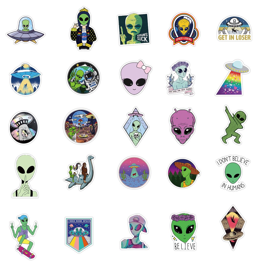 50pcs Stiker Graffiti Kartun Alien Bahan Pvc Anti Air Untuk Laptop