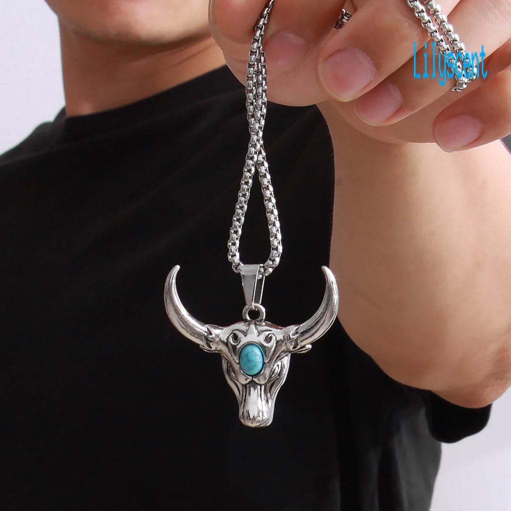 Kalung Rantai Panjang Liontin Kepala Banteng Bahan Alloy Gaya Retro Punk Untuk Pria