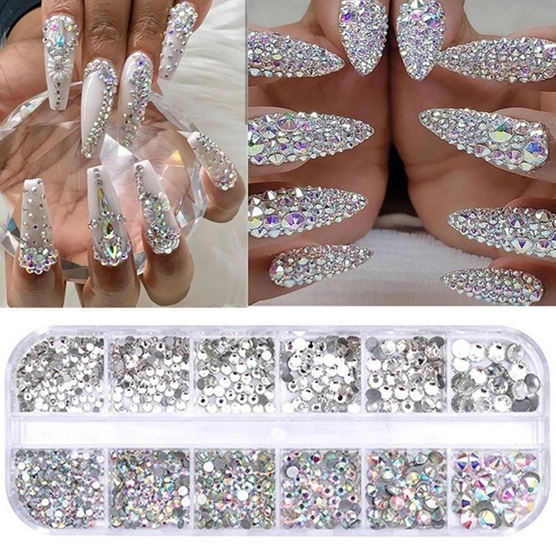 Ab Flat Back Clear Nail Rhinestone 3D Flat Bottom Ukuran Campur Mempesona Nail Art Dekorasi in Wheel