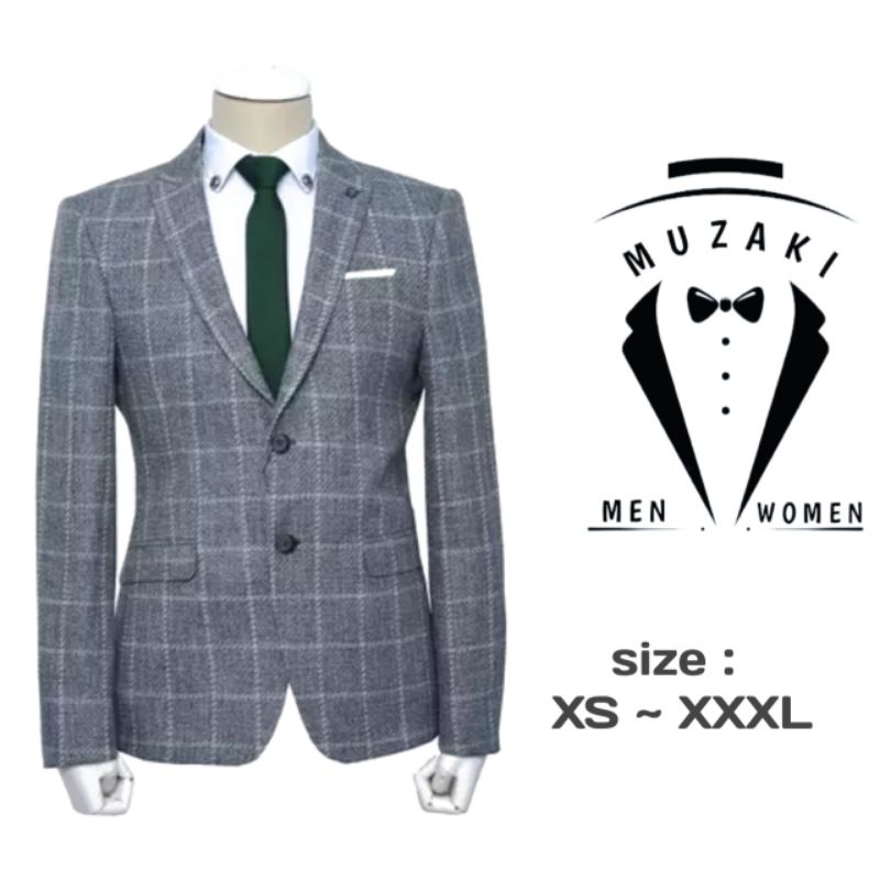 Blazer Kotak Kotak Pria List Putih, Blazer Pria, Jas Pria, Jas kotak Kotak Pria