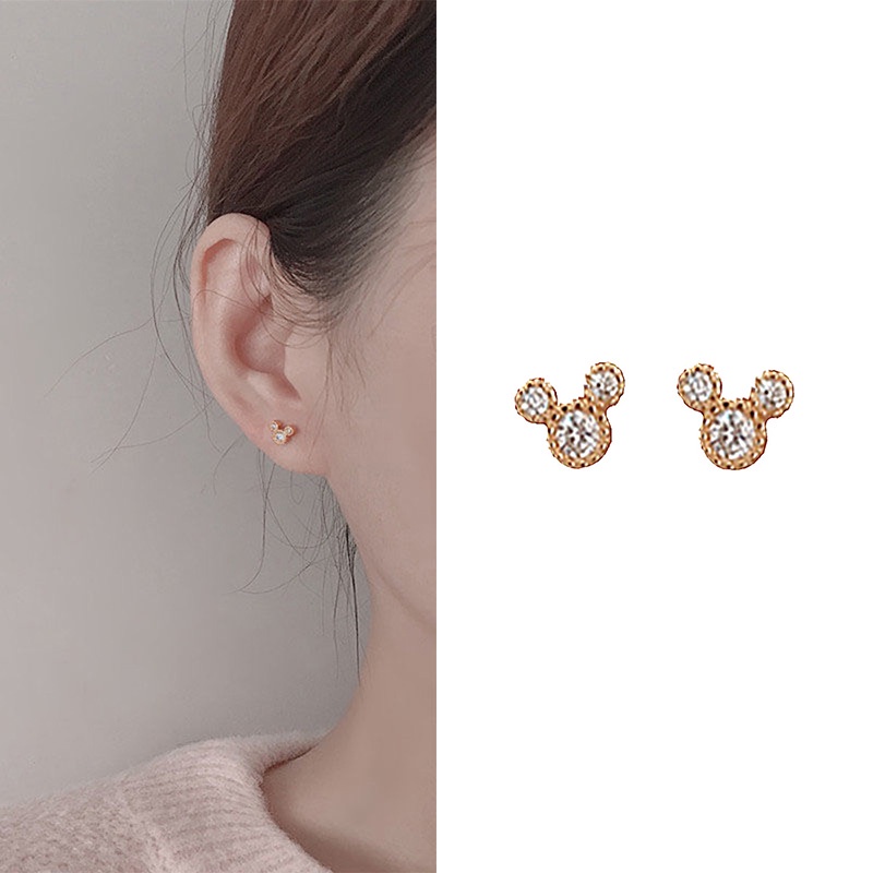 1 Pasang Anting Stud Zircon Bentuk Mickey Mouse Untuk Wanita