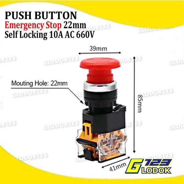 Push Button Emergency Stop Self Locking Switch 22 mm Tombol Darurat