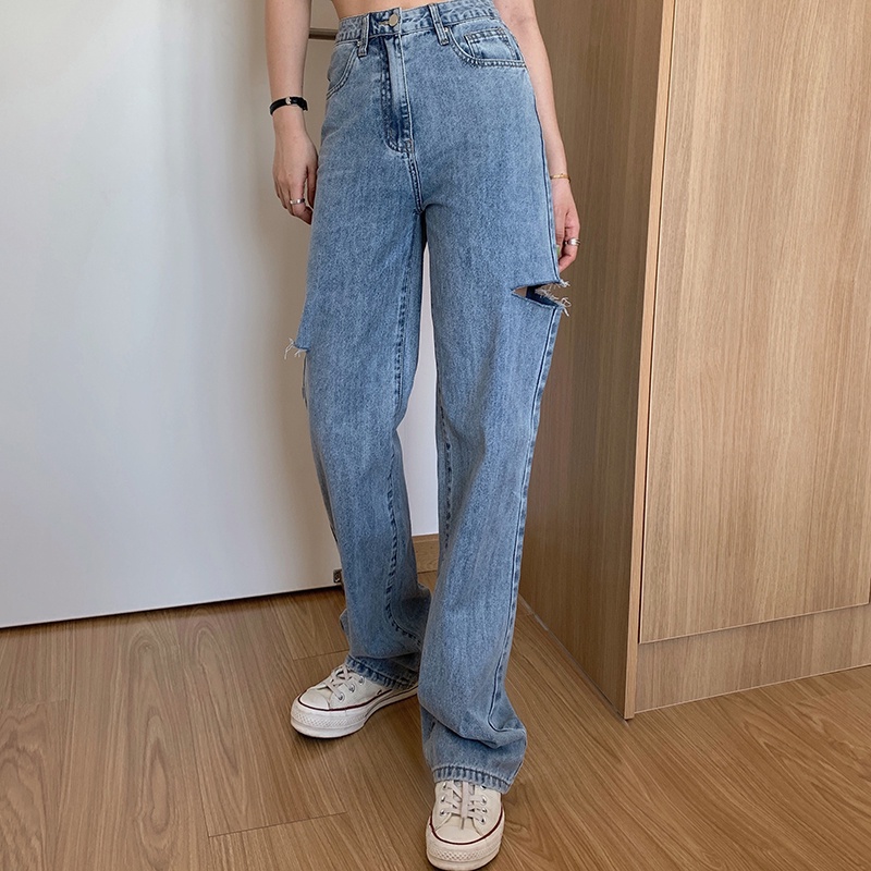 ✅COD Celana Jeans Wanita Ripped Jeans Sobek Korean Highwaist Straight Jeans Kekinian