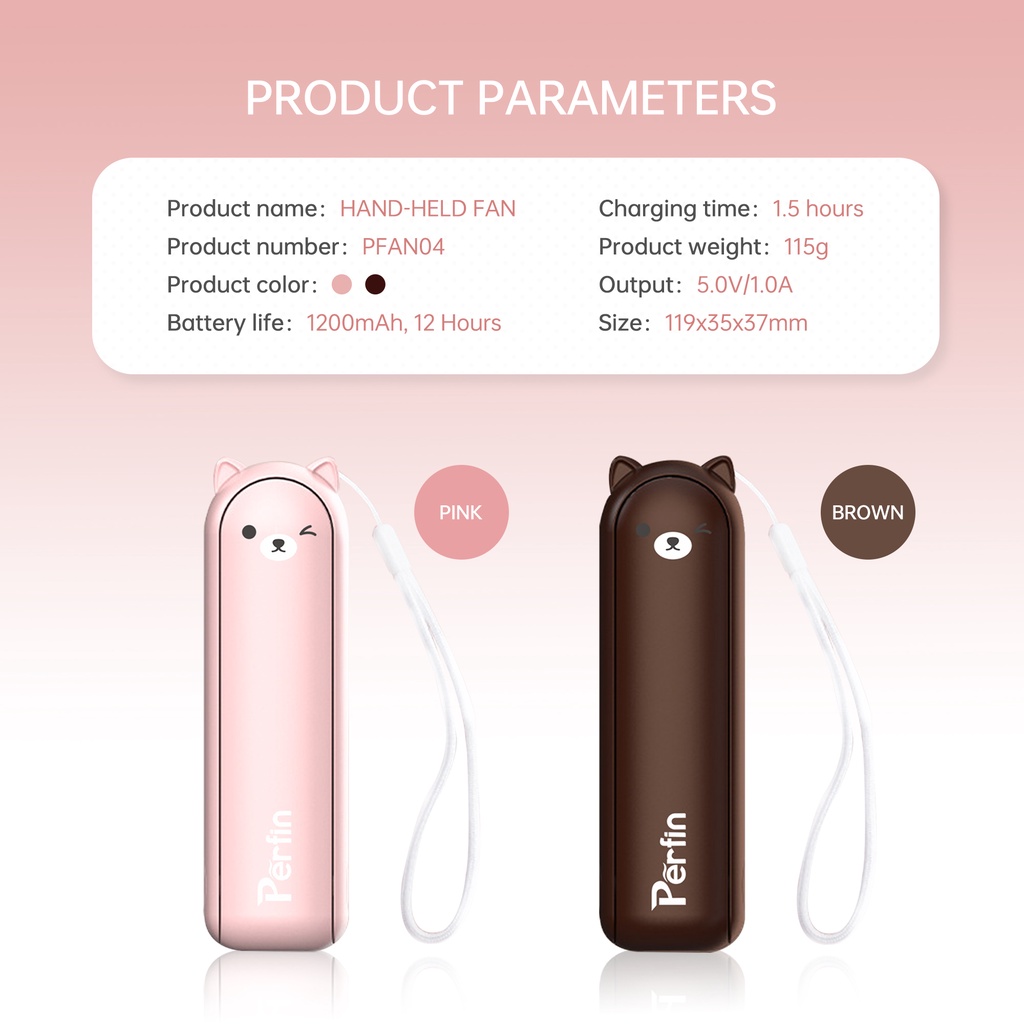 Perfin PFAN04  Kipas Angin Portable Fan Power Bank+ Mini Fans 2 in 1 USB Rechargeable Pocket Desk Handheld Fan - Brown, Pink