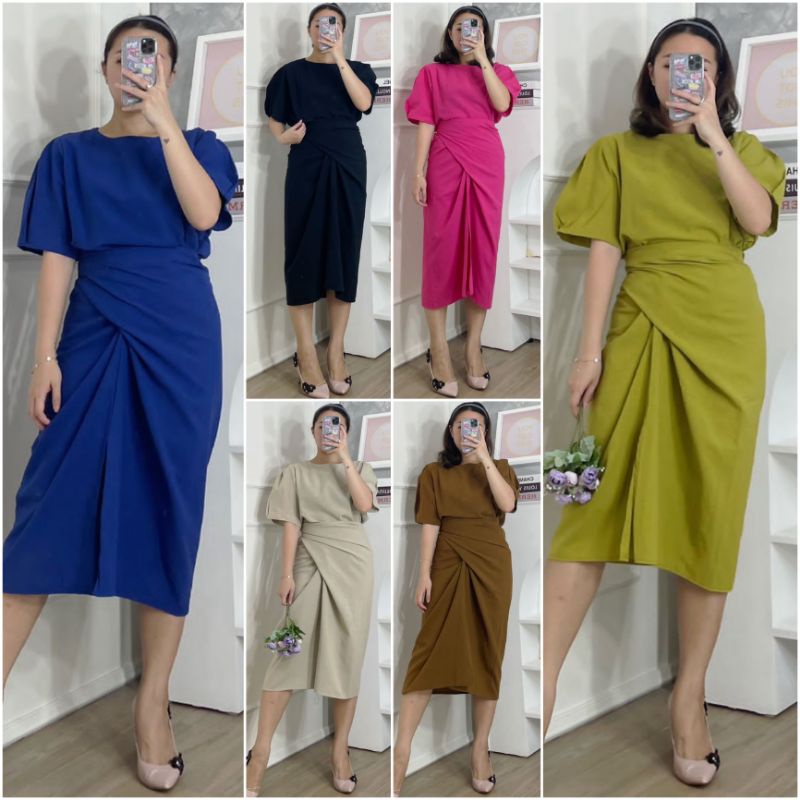 ♡ PREMIUM ♡ REAL PIC ! GILLIANE 2 IN 1 SET BLOUSE WITH ADJUSTABLE TIED MIDI SKIRT/ SETELAN ATASAN &amp; ROK LILIT