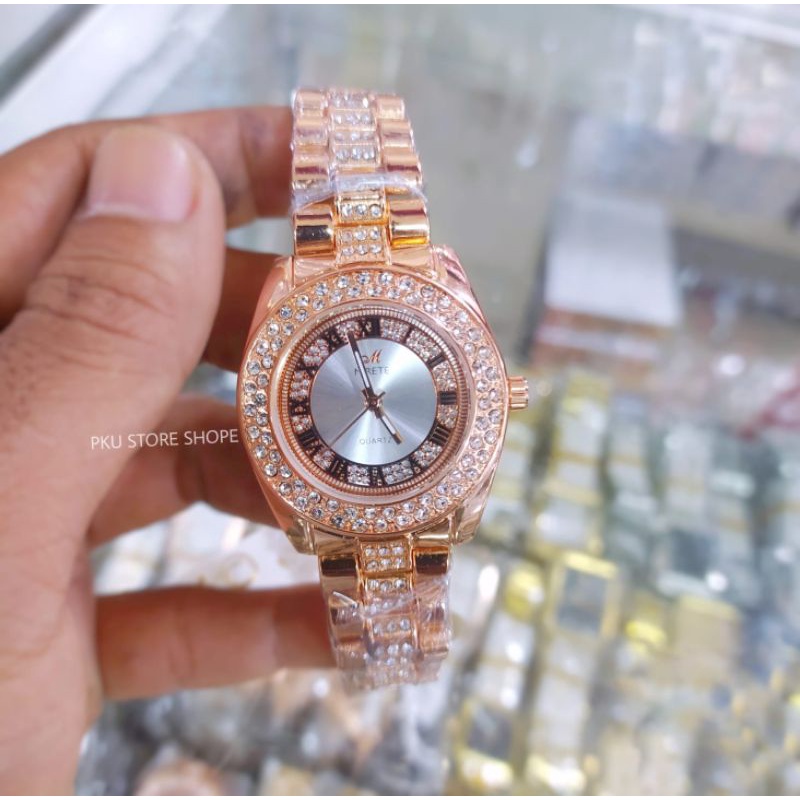 JAM TANGAN MOTIF PERMATA FASHION WANITA JAM TANGAN IMPORT MIRETE CEWEK ANTI AIR JAM TANGAN WANITA WARNA ROSGOLD BERMOTIF BEEST SELLER JAM TANGAN WNAITA/CEWEK TAHAN AIR/Water resistant