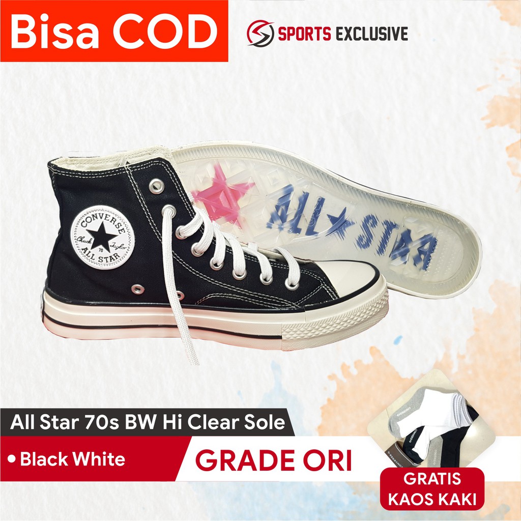 Sepatu Converse All Star Chuck Taylor 70s Black White Clear Sole Hi Grade ORI