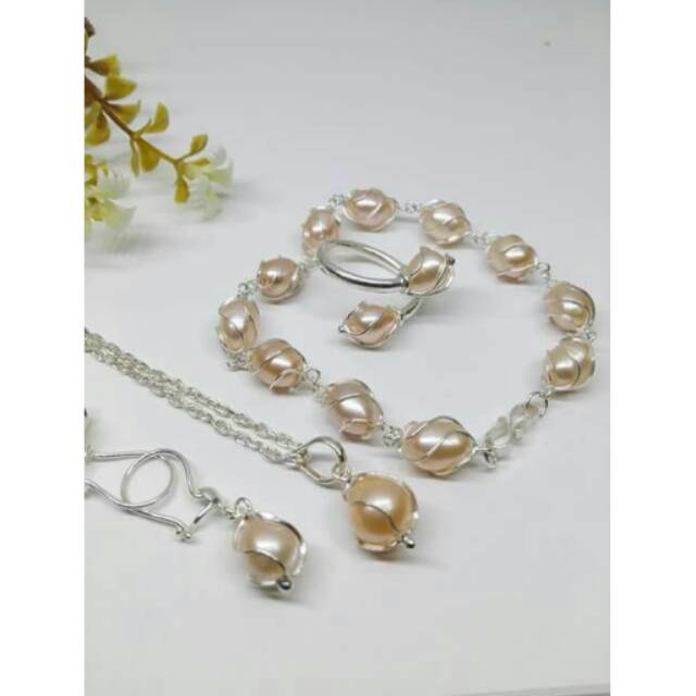Set Perhiasan Perak Mutiara Air Tawar | Mutiara Lombok | bahan Perak