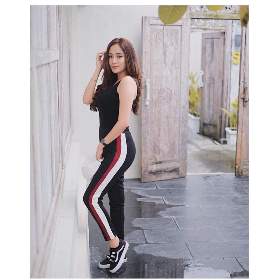 [NS] CELANA LIST SCUBA Maroon Putih /Merah Putih Side Stripe Pants/ Celana Cewek / Celana Legging