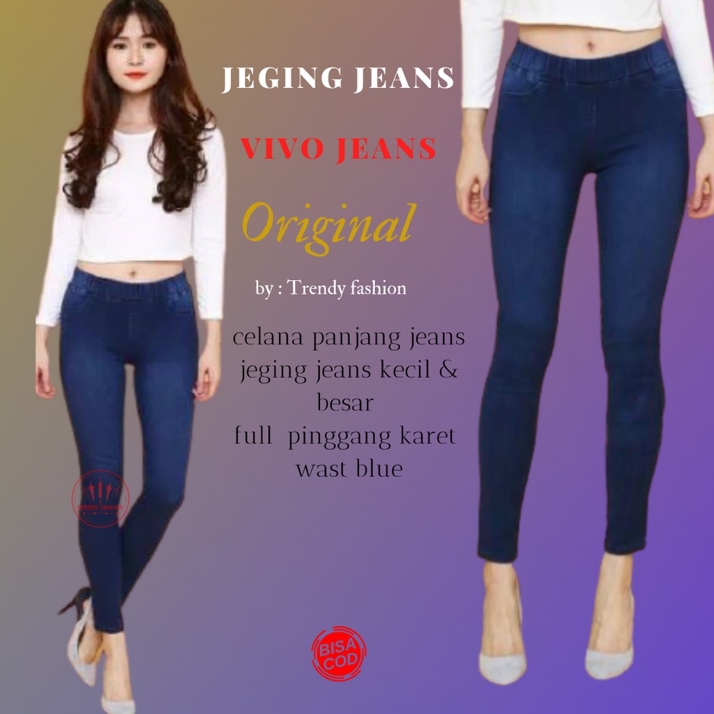 Vivo jeans celana panjang jeans jeging jeans kecil/besar full  pinggang karet wast blue