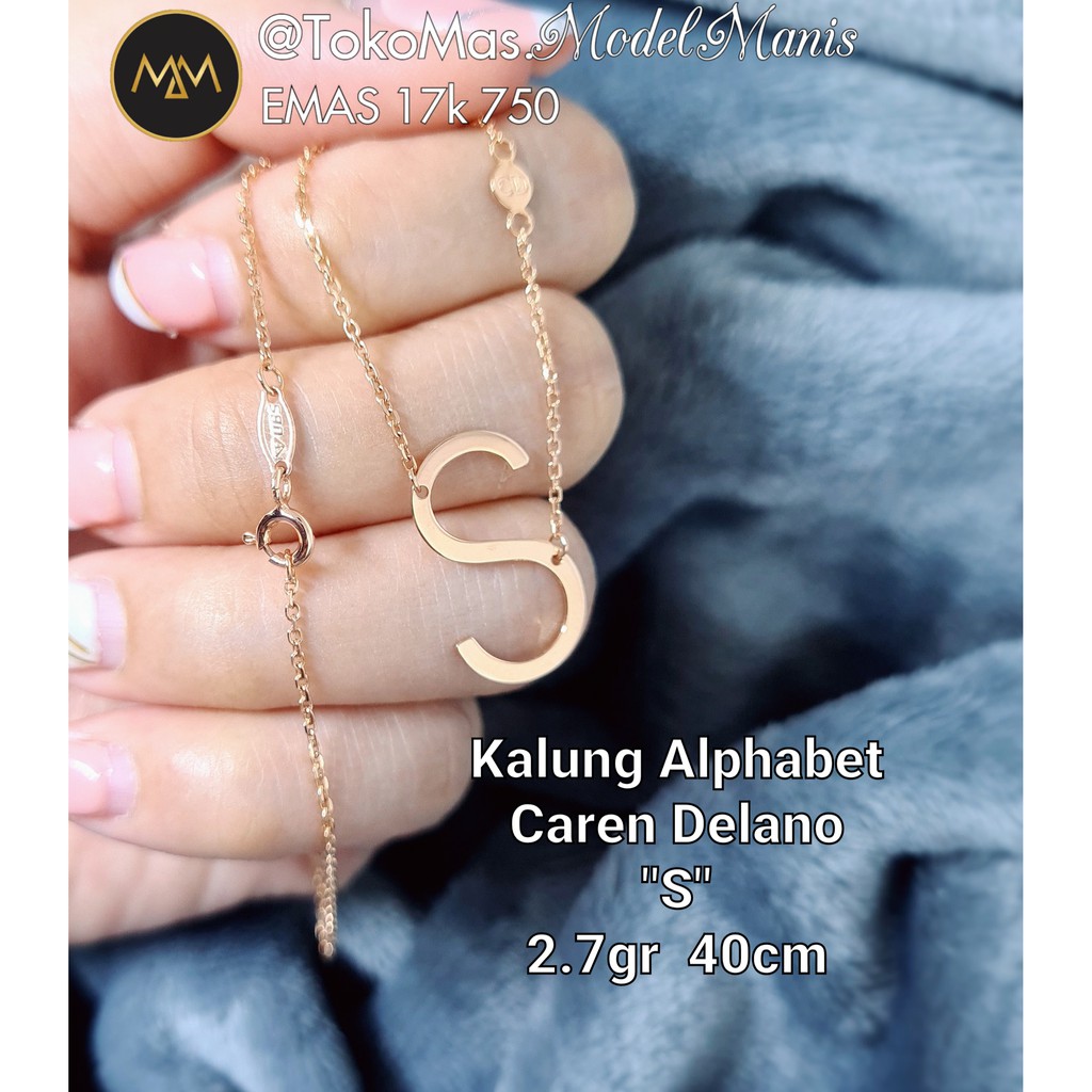 Kalung alphabet huruf "S" caren delona emas rosegold 750 kadar 17k