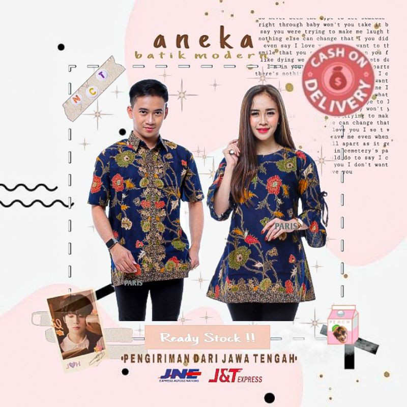 COUPLE BATIK WARNA BIRU DONGKER NAVI NAVY PREMIUM KATUN UNGGUL JAYA LEBARAN M L XL MOTIF DAUN BUNGA