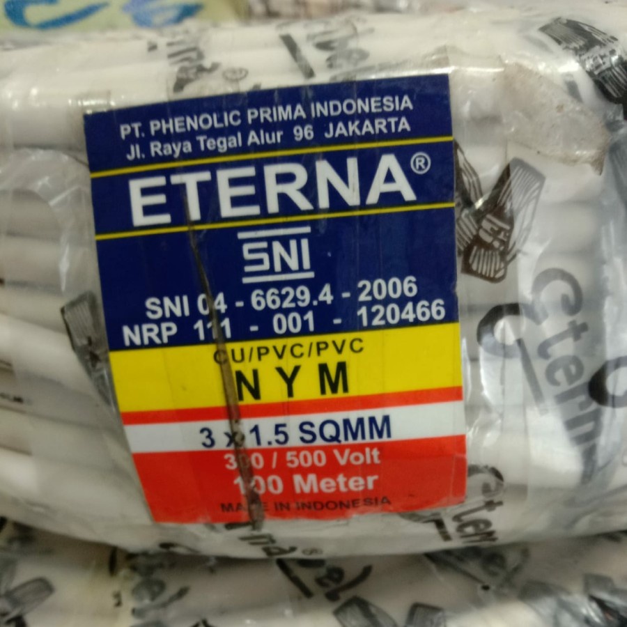 [100 meter] Kabel Eterna NYM 3x1,5 @100m 3x1.5 putih tunggal kawat