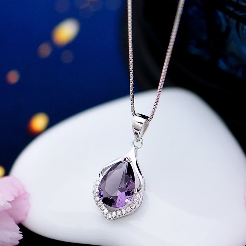 [Ready Stock]Fashion Plated 925 Silver Necklace Amethyst Pendant