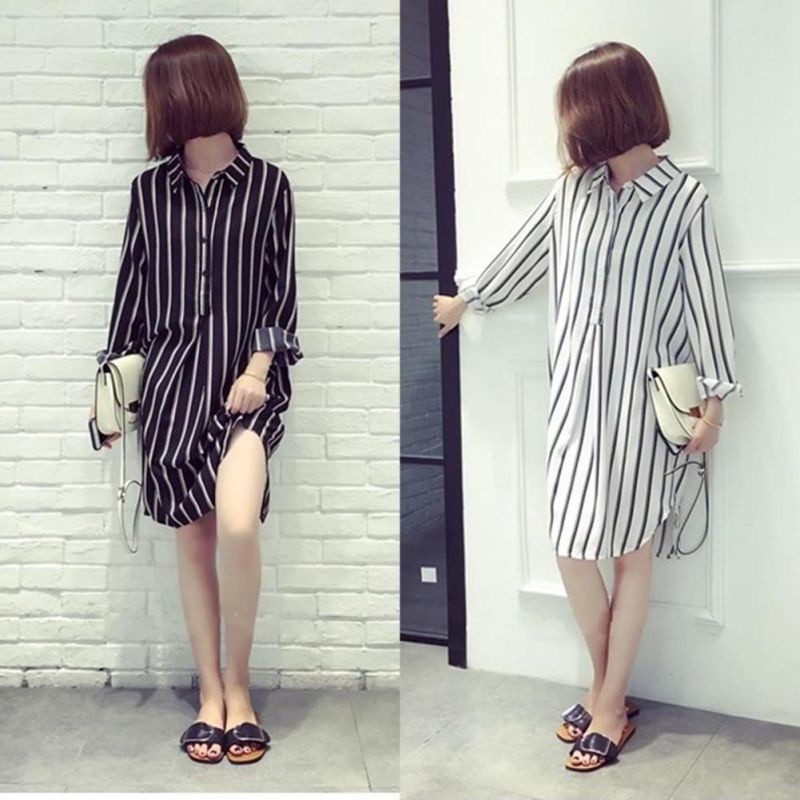 Gaun Wanita Lengan  Panjang  dengan Motif Garis  Garis  