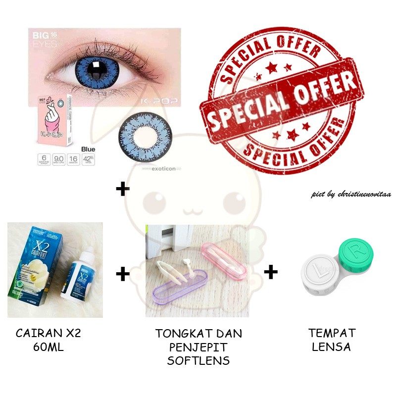 Paket Softlens X2 KPOP BIG EYES 16mm - Normal + Cairan X2 60 ml + Penjepit / Pinset