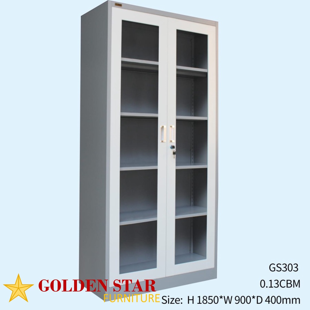 Lemari Arsip / Rak Buku Besi File Cabinet Kaca Impor Golden / Informa