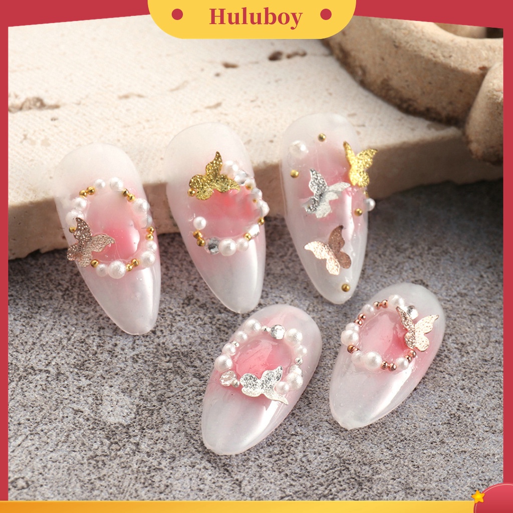 Huluboy Huluboy♡ 1 Kotak Ornamen Kupu-Kupu 3D Bahan Metal Tahan Karat Untuk Dekorasi Nail Art