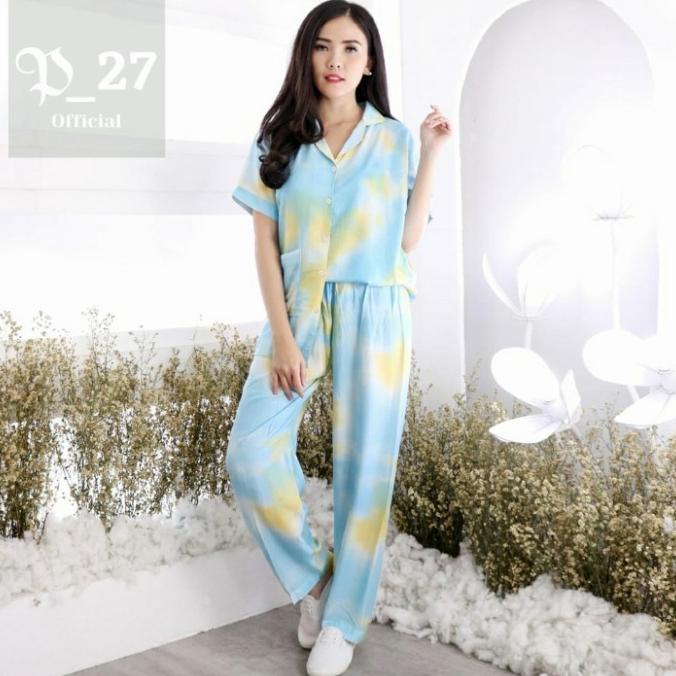 Stelan Tie Dye Piyama Wanita Set Rayon Lengan Pendek Size Xl,Xxl Jumbo