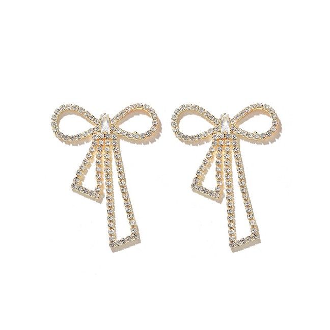 LRC Anting Tusuk Fashion Bow Chain Fringed Diamond Long Pearl Earrings K44587