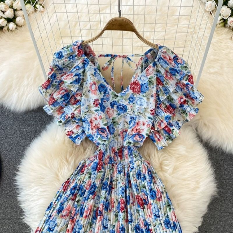 MDLV ~ 6101# Nastasha Pleated Mini Dress Flower Premium Dress Import