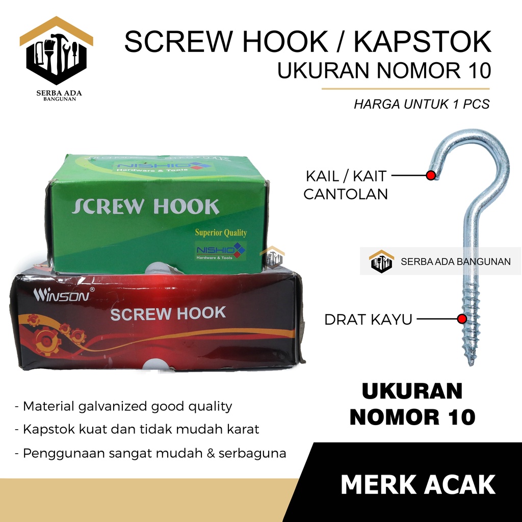 1 PCS Kapstok Buka No. 10 | Baut Gantung Besi | Gantungan Burung | Hook Skrup Ecer