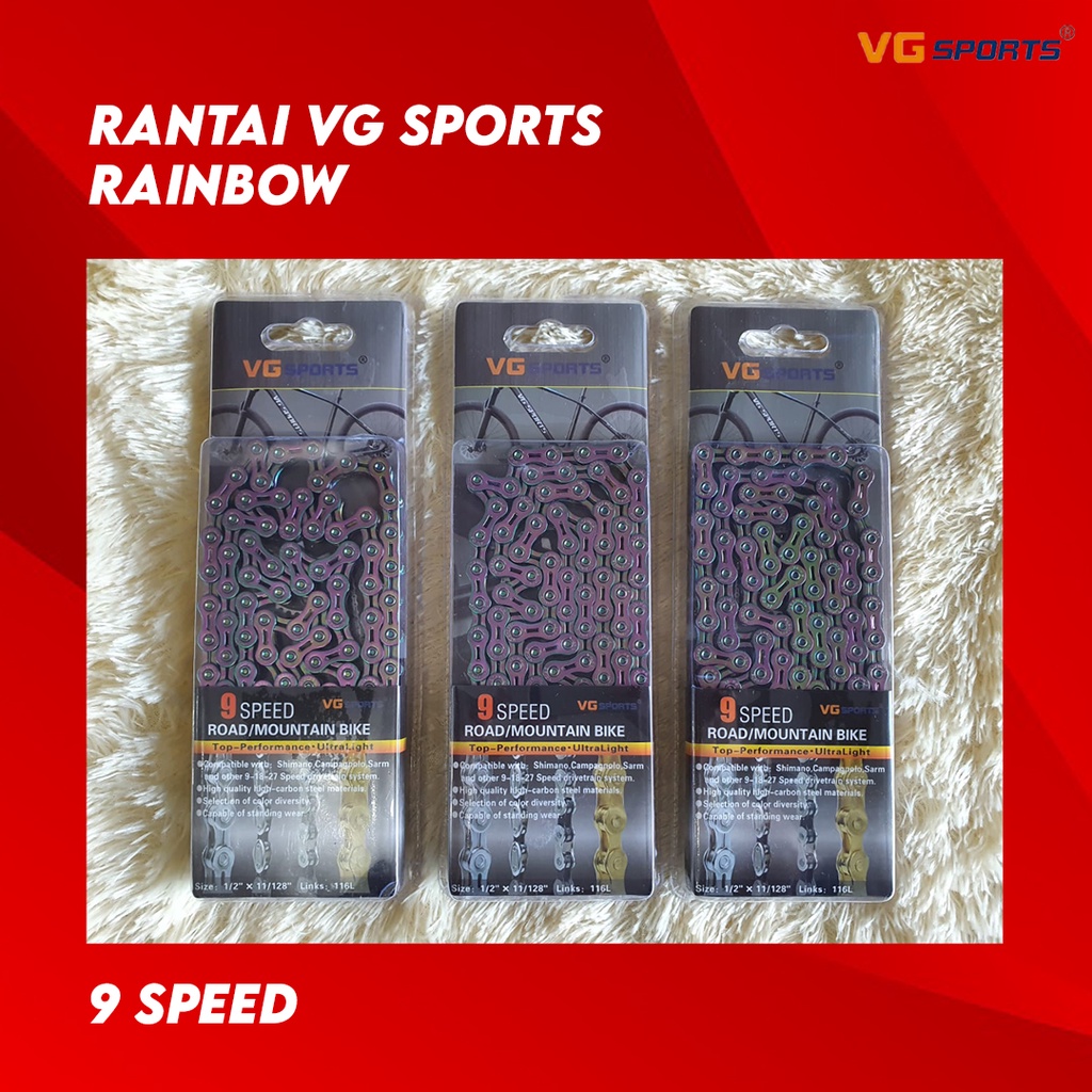 RANTAI VG SPORTS 9 SPEED S RAINBOW PELANGI Rante Sepeda MULTICOLOR COLORFUL HALF HOLLOW CHAIN not KMC Shimano