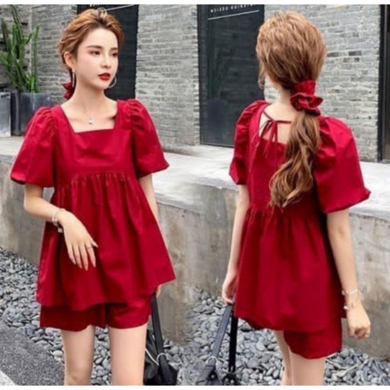 A316 Peplum Top, Setelan Baju Wanita,  Atasan Wanita, Baju Natal, Setelan Natal, Setelan Merah