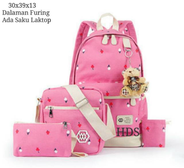 Ransel 4in1 motif bunga TULIP BIASA /tas backpack Anak satu set murah