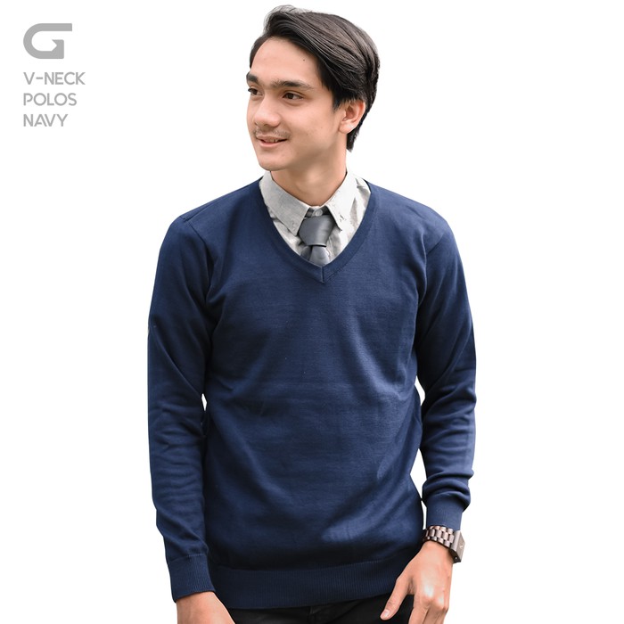 fashion bandung cewek cowok distro terbaru Sweater Rajut Pria Gomuda - V-Neck Polos Navy - Na U0Y6