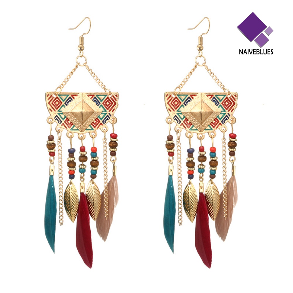 Anting Hook Bentuk Kipas Aksen Bulu Manik-Manik Gaya Bohemian Untuk Wanita