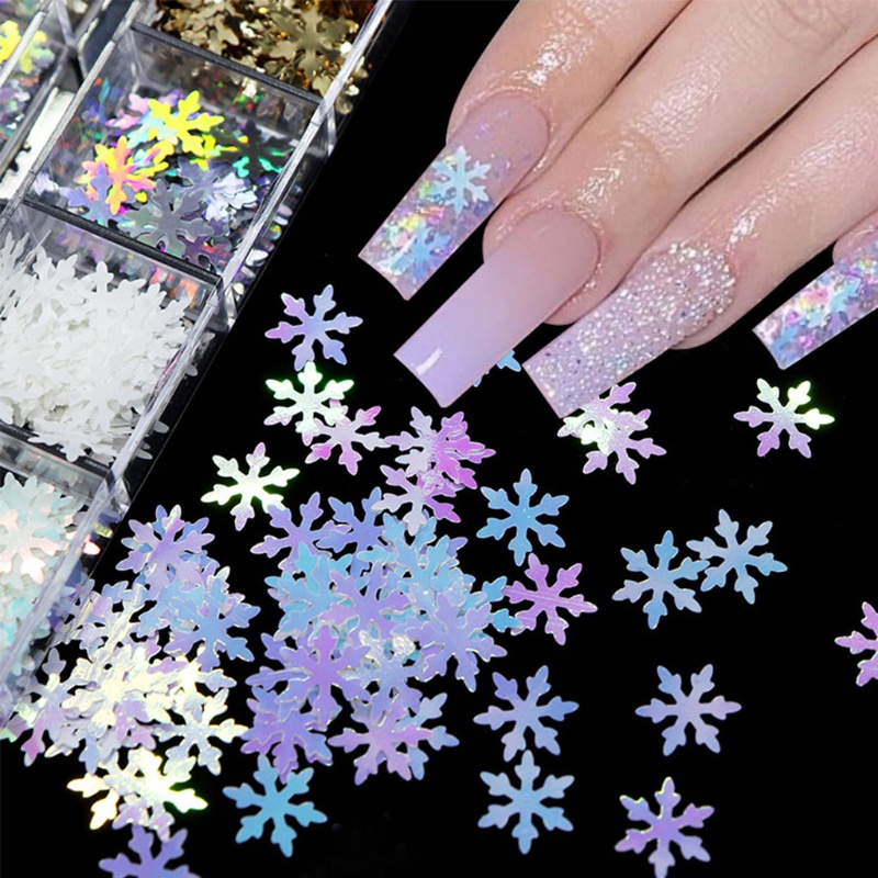 Zzz 12 Sekat / Box Payet Glitter Motif Snowflake Untuk Dekorasi Nail Art / Manicure DIY