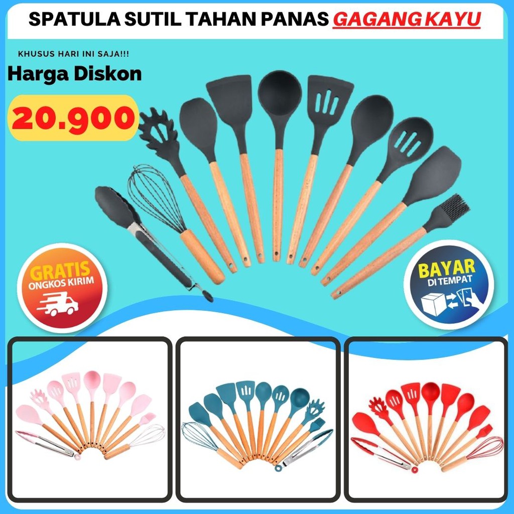 Silikon Spatula Sutil/Sodet/Turner/Utensil Gagang Kayu